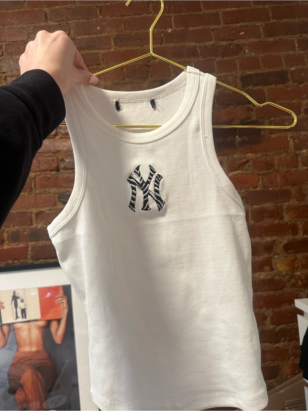 Custom White Ribbed Tank with zebra Yankees logo
